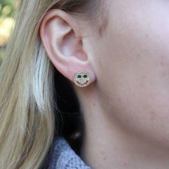 CZ Smile Face Earrings - gold and green - Picture 1 of 4
